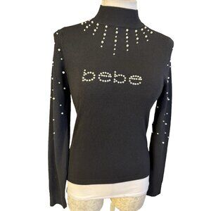 Bebe Top Medium Black Pearl Beaded Logo Party Festive Wedding Cruise Holiday